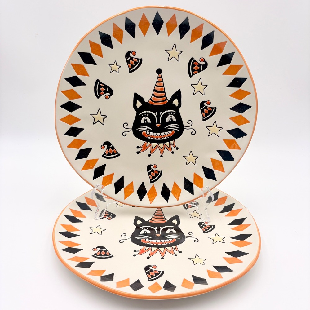 Eli + Ana Chillcat Halloween Dinner Plates Set of 2 Black Cat Harlequin 10.5"